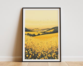 Mustard Flower Field Sunset Landscape Poster Yellow Flower Meadow Art Print Golden Hour Nature Wall Decor Botanical Illustration Farmhouse