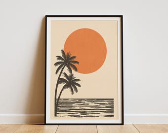 Palmen-Ozean-Sonnenuntergang-Kunstdruck, Sommer-Strandkunst, tropische Wanddekoration, moderne Wohndekoration, Boho-Chic-Poster, Küstenmotiv, Urlaubsstimmung