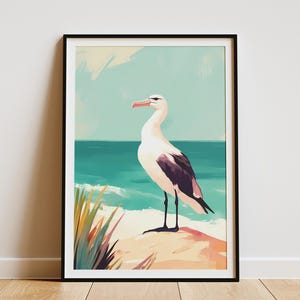 Impresión artística de albatros, póster de pájaro oceánico, arte de pared costero, decoración de casa de playa verde azulado, ilustración moderna, póster de papel con impresión de pájaro grande