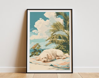 Entspannender Pudel Hund Strand Kunstdruck Tropischer Sommer Urlaub Küstenwand Dekor Ozean Brise Pudel Liebhaber Geschenk Idee Vintage Style Poster