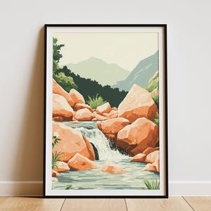 Póster de arroyo de montaña, impresión de aguas tranquilas, arte natural, paisaje, decoración de pared, rocas y cascada de río, ilustración, póster de serenidad, melocotón y