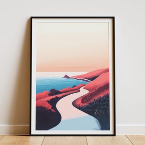 Impresión artística de paisaje de atardecer costero en la carretera rosa Póster de carretera de playa minimalista moderno Vista tranquila del océano Póster de viaje por carretera costera