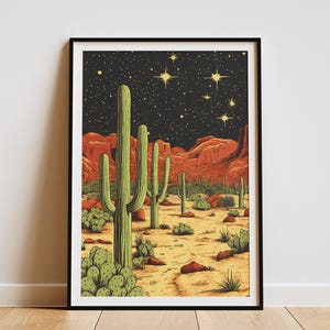Saguaro Kaktus Wüste Nachthimmel Vintage Reise Poster Südwestlichen Wüste Wüste Wüste Arizona National Park Natur Wanddekor