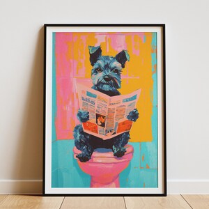 Miniature Schnauzer Puppy on Toilet Reading Newspaper Art Print Bathroom Humor Dog Poster Quirky Pet Lover Gift Funny Puppy Wall Decor