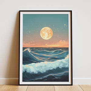 Póster de olas oceánicas, luz de luna, mar, impresión, arte de pared costero, decoración de playa, pintura oceánica moderna, azul y verde azulado, mar en calma, cielo nocturno, arte lunar abstracto