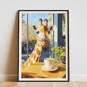Impresión artística de café con jirafas, póster de café con animales, arte de pared con jirafas caprichoso, decoración de cafetería, regalo para amantes de las jirafas, impresión artística con ilustración de animales
