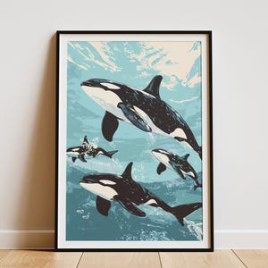 Póster con impresión de ballenas orcas en el océano, arte moderno de ballenas, decoración de pared con mamíferos acuáticos, ilustración de orca en azul y blanco, póster de vida en el océano