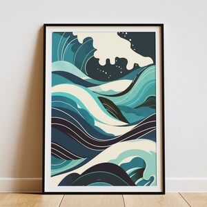 Póster abstracto de olas del océano, arte de pared minimalista, impresión moderna en azul y verde