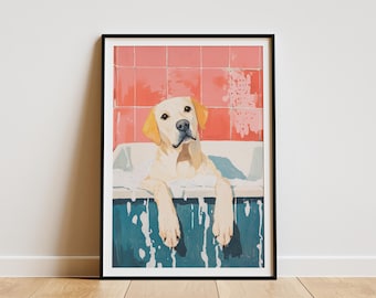 Labrador Retriever Dog Art Print Dog in Bathtub Poster Pet Wall Art Bathroom Decor Dog Lover Gift Cute Dog Art  Print