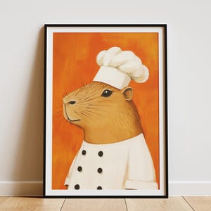 Capybara Chef Print Kitchen Art Funny Animal Poster Lindo Capybara Wall Art Capybara en Chefs Hat Regalo para los amantes del Capybara Cartel naranja