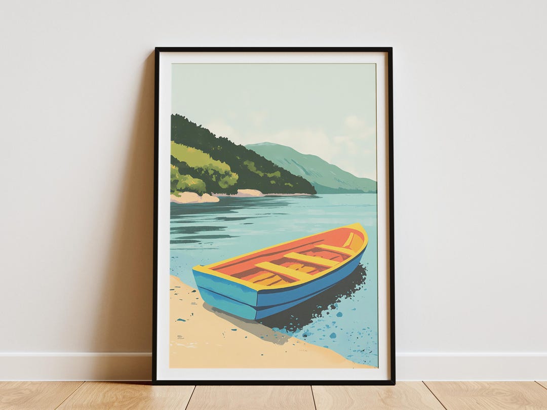 Rowboat Lake Poster Coastal Art Print Boat on Shore Lake House Decor ...