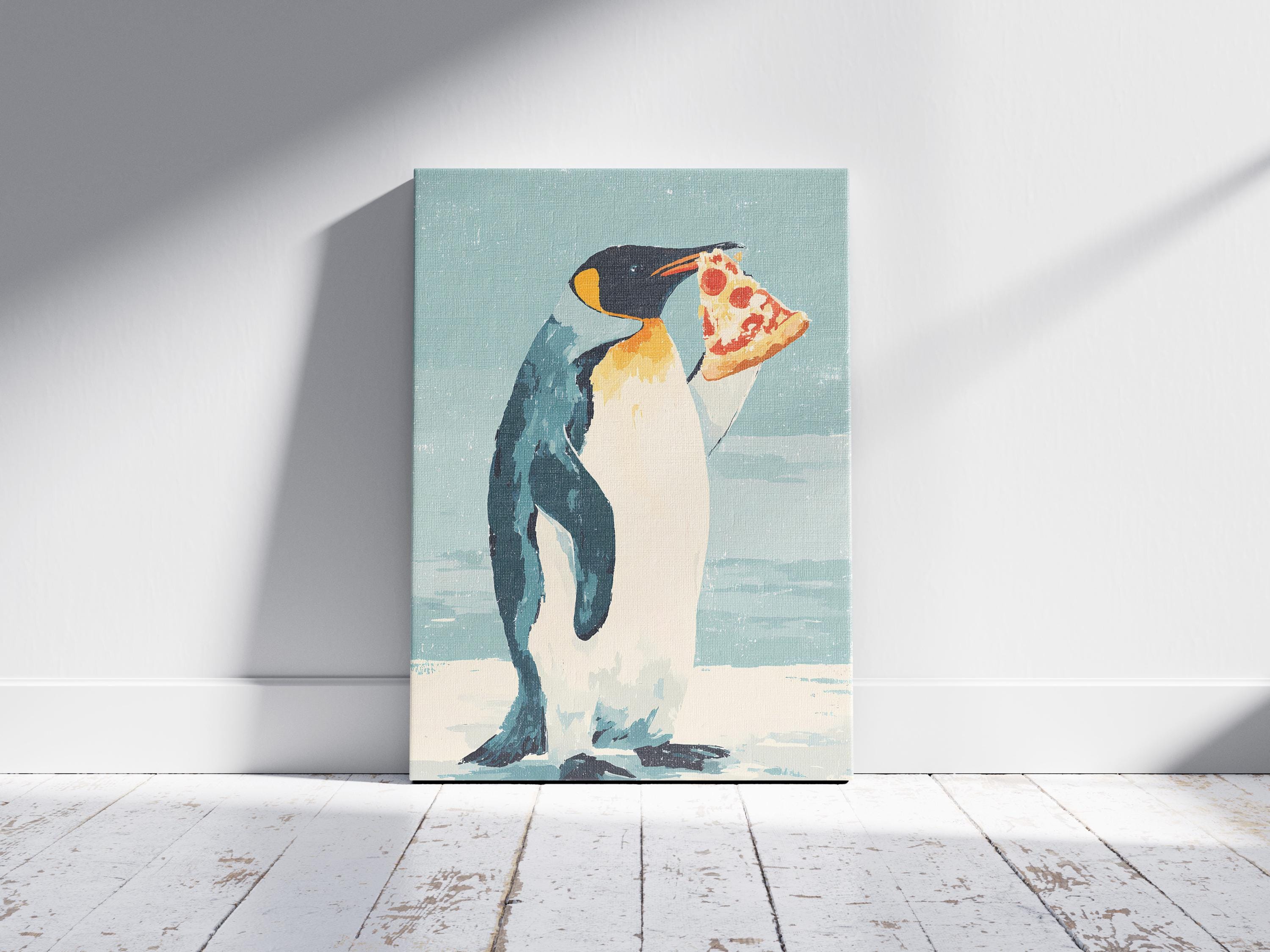 画材 Penguin Bib Whimsical Penguin Eating Pizza Digital Art Print Funny Animal Wall