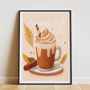 Herbst Kaffee Drink Poster Zimtrolle Latte Herbstkaffee Illustration Gemütliches Café Dekor Schlagsahne Latte Kunstdruck braun und