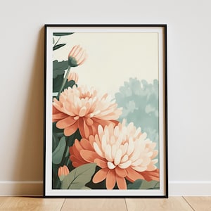 Peach Chrysanthemum Garden Poster Botanical Floral Art Print Modern Home Decor Flower Wall Art Peach Flower Illustration Summer Bloom