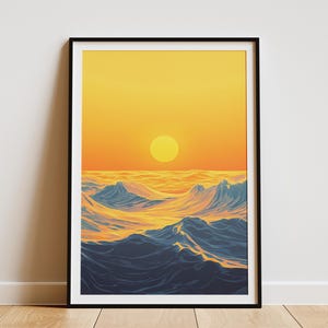 Póster de puesta de sol con olas del océano, hora dorada, impresión del mar, arte de pared costero, decoración de playa, obra de arte minimalista moderna, pintura de paisaje abstracto naranja