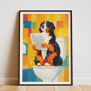 Bernese Mountain Dog Art Print Funny Dog on Toilet Poster Newspaper Reading Dog Wall Art Humorous Bathroom Decor Dog Lover Gift Unique Home
