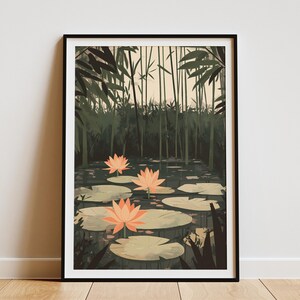 Lotus Teich Bambuswald Poster Druck Botanische Wandkunst Asiatische Zen-Gartendeko Wohnkultur ruhige Natur Kunst friedliche Seerose Druck
