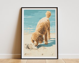 May include: A framed art print depicting a golden poodle digging in sand on a beach. The dog is the central figure, set against a backdrop of a light blue sky and sea. The print is presented in a black frame.