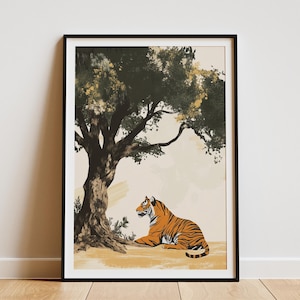 Stampa di poster con tigre sotto un albero di banyan, arte della fauna selvatica asiatica, decorazione da parete con gatto della giungla, decorazione per la casa con animali esotici, carta da regalo per amanti delle tigri