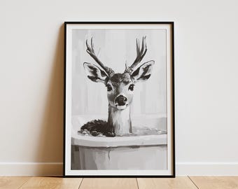 Deer in Bathtub Bubble Bath Poster Print Minimalist Animal Art Bathroom Wall Decor Funny Deer Art Unique Home Decor Whimsical Print