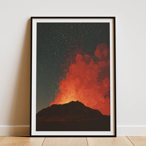 Póster de erupción volcánica bajo las estrellas, impresión de arte paisajístico hawaiano, arte abstracto celestial para pared, decoración del hogar, decoración de dormitorio, póster de papel