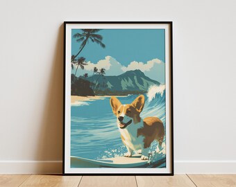 May include: Framed art print featuring a surfing corgi dog on a surfboard in front of a tropical beach scene. The artwork has a retro, vintage style with a color palette of blues, greens, and browns. Palm trees, mountains, and ocean waves are visible.