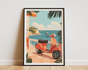 Retro Vespa Scooter Seaside Cafe Coastal Italian Summer Vacation Travel Poster Print Art Mediterranean Orange