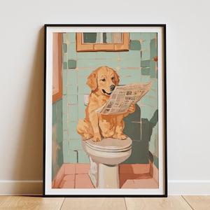 Golden Retriever Puppy on Toilet Reading Newspaper Art Print Humorous Dog Poster Bathroom Decor Cute Animal Wall Art Funny Pet Lover Gift