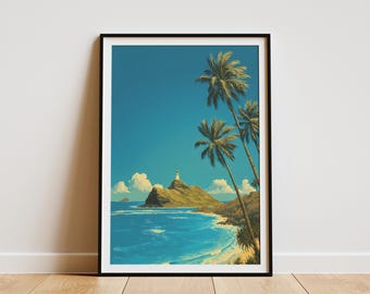 Makapuu Beach Lighthouse Hawaiian Travel Poster Vintage Coastal Print Tropical Ocean Landscape Wall Art Decor for Beach House Hawaii Scene