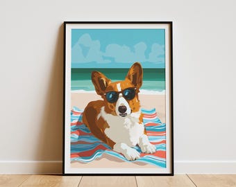 May include: A framed art print featuring a corgi wearing sunglasses, relaxing on a beach towel. The illustration has a beach scene background with blue sky, ocean, and sand. The corgi is brown and white, and the towel has red, blue, and white stripes.