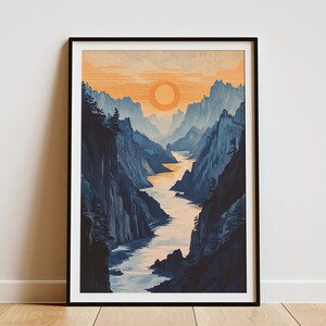 Impresión artística del valle del río Sunrise, póster de paisaje de estilo vintage, paisaje de montaña tradicional, arte de pared, naturaleza, decoración del hogar, idea de regalo de viaje