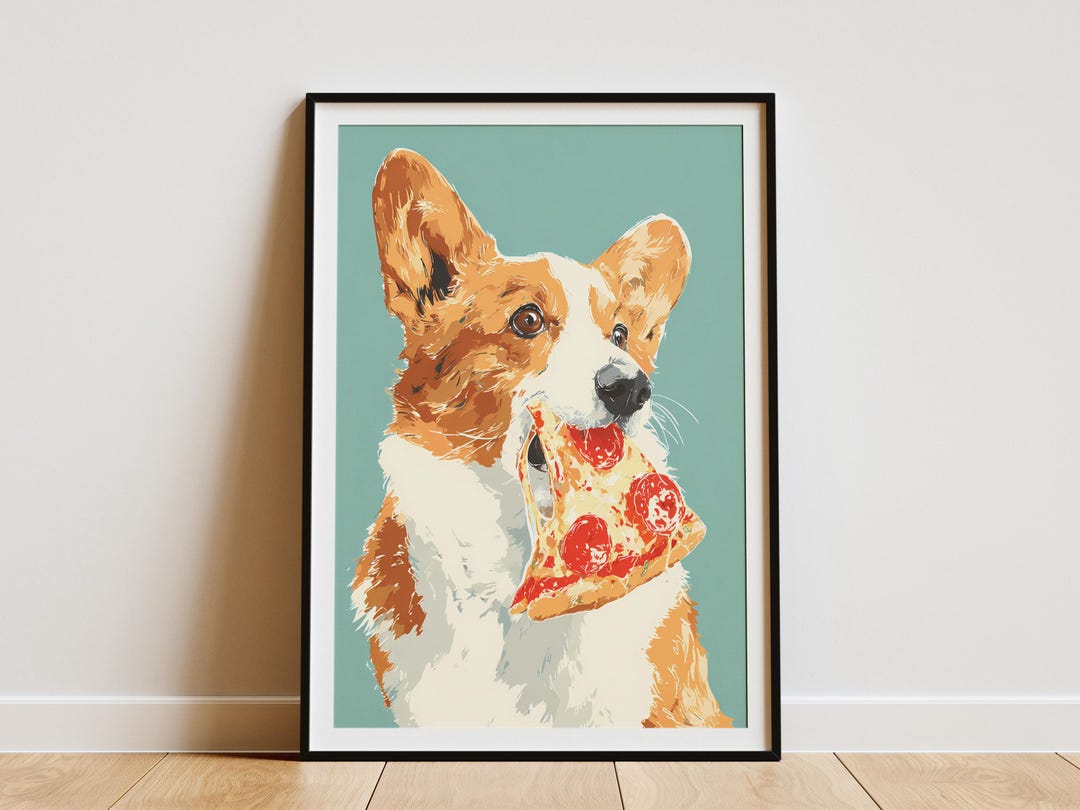 Whimsical Corgi Dog Eating Pizza Digital Art Print Humorous Canine