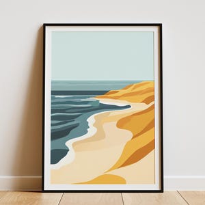 Impresión de arte de pared abstracto con océano y dunas de arena, decoración del hogar costero, póster de playa minimalista moderno en tonos beige y azules, impresión de vacaciones de verano