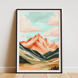Poster della catena montuosa arancione, stampa di paesaggio astratto, arte murale minimalista moderna, arredamento bohémien, arte naturalistica, poster crema e verde acqua, decorazioni per la casa.