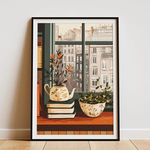 Cozy Kitchen Window View print Wall Art Botanical Teapot and Plant Pot Poster Vintage Home Decor Modern Farmhouse Kitchen Print Illustrated
