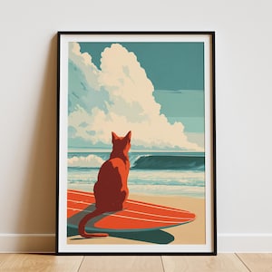 Surfing Cat Beach Poster Hawaiian Art Print Cool Cat Wall Art Summer Vibes Coastal Decor Funny Cat Lover Gift Beach House Art Tropical
