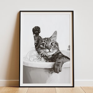 Tabby Cat in Bathtub Poster Domestic Shorthair Cat Wall Art Bubble Bath Cat Print Funny Animal Art Cat Lover Gift Bathroom Decor