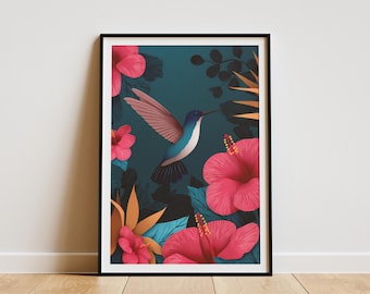 Vibrant Hummingbird Tropical Flower Art Print Exotic Botanical Wall Decor Colorful Bird Nature Poster Pink Hibiscus Jungle Home Accent