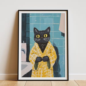 Poster con accappatoio e gatto americano a pelo corto, stampa artistica da parete con gatto divertente in bagno, arte moderna con simpatici animali, decorazione per la casa, regalo originale per gli amanti dei gatti.