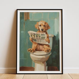 Golden Retriever Puppy On Toilet Reading Newspaper Art Print Funny Dog Poster Bathroom Wall Decor Cute Animal Lover Gift Quirky Home Decor
