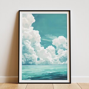 Póster de paisaje de océano turquesa y nubes blancas, impresión artística de pared de paisaje marino, decoración costera moderna, decoración de casa de playa, escena de océano tranquilo
