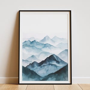 Minimalistische Gebirgskette Aquarell Kunstdruck Japandi Stil Einfache Landschaft Poster Skandinavisch inspirierte Wandkunst Serene Berg Malerei
