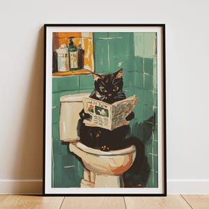 Gato oriental de pelo corto leyendo el periódico en el inodoro, divertida impresión artística para el baño, póster original de regalo para amantes de los gatos, decoración novedosa para la pared del baño.