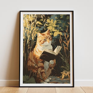 Cozy Ginger Cat Reading Book Art Print Warm Autumn Nature Wall Art for Pet Lovers Literary Feline Poster Gift Idea Whimsical Animal Artwork