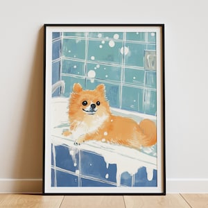 Pomeranian Dog Art Print Bathroom Wall Art Cute Dog Poster Dog in Tub Art Funny Animal Print Pet Portrait Bathroom DecorDog Lover Gift