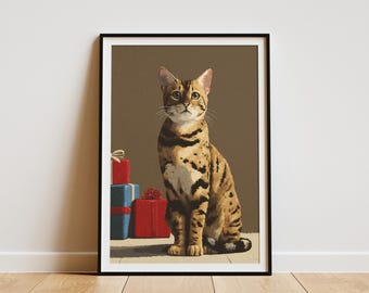 Bengal Cat Christmas Art Print Festive Feline Holiday Wall Decor Winter Cat Lover Gift Illustrated Bengal Cat and Presents Artwork