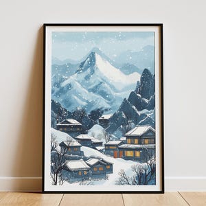 Snowy Mountain Village Art Print Chinese Landscape Poster Winter Scenery Painting Asian Art Asian Home Decor Chinese Decor Wall Art
