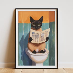 Birmese kat krant toilet badkamer kunst print humoristische katachtige nieuwsposter lezen poster grappige kattenliefhebber cadeau badkamer muur decor unieke huisdier kunst