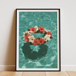 Floating Flower Lei in Pool Hawaiian Travel Poster Tropical Wall Art Hibiscus Flower Print Island Decor Vacation Home Art Print Hawaiian