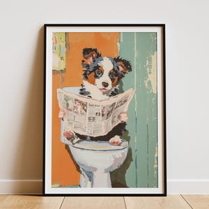 Australian Shepherd Puppy Dog On Toilet Reading Newspaper Art Print Cute Animal Pet Lover Home Decor Funny Bathroom Wall Art Poster